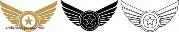 Fototapeta Golden, black, and outline winged star emblems for achievement or recognition