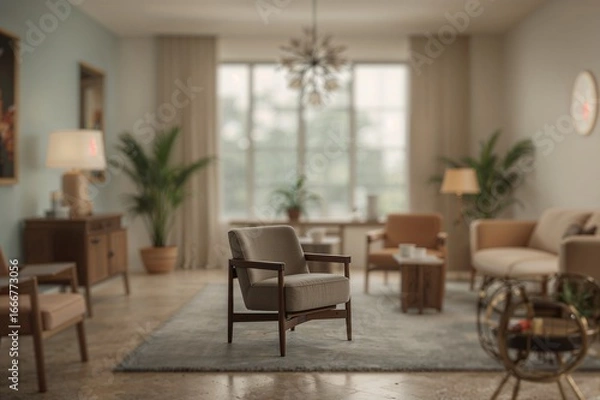 Fototapeta Abstract blurred bokeh backdrop featuring contemporary furniture