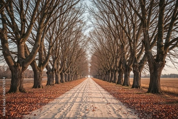 Fototapeta Sandy pathway lined with leaf-covered trees in late autumn