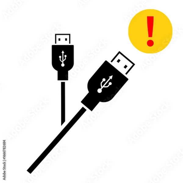 Fototapeta A black USB cable icon with a yellow and red exclamation mark symbol indicating a connection error, warning, or problem.