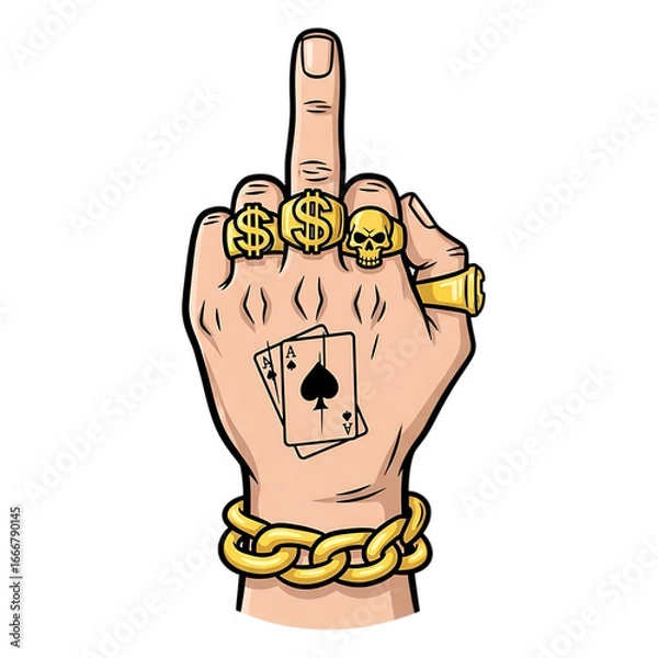 Fototapeta Hand giving the middle finger with tattoos and jewelry isolated on transparent background