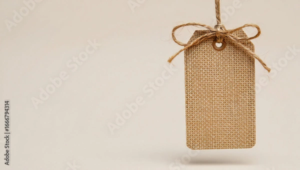 Fototapeta Elegant Burlap Tag with Jute Twine Bow Hanging on Neutral Background Perfect for Crafts Product Presentation and Rustic Style Mockups with Ample Copy Space