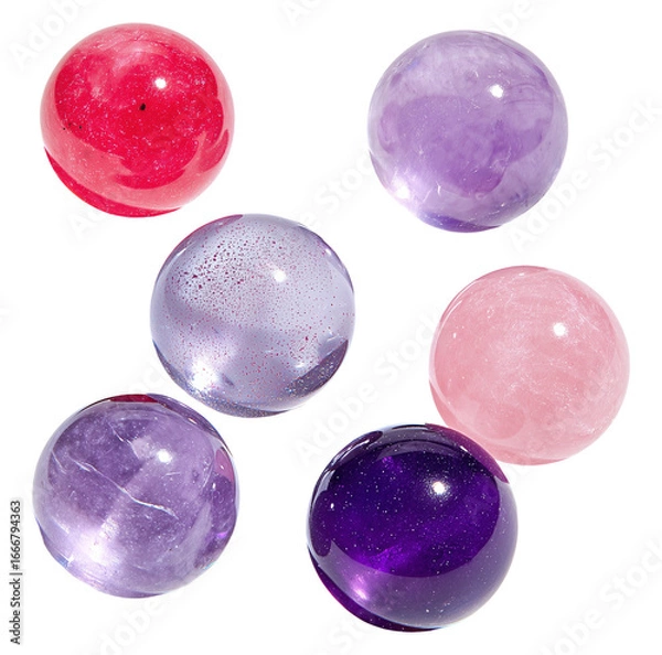 Fototapeta Glossy marbles decorative spheres in pink and purple image isolated transparent, ai generated. Glass crystal orbs. Polished balls cut out photo png. Round jewelry beads cutouts elements objects