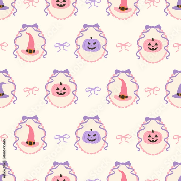 Fototapeta Hand drawn Halloween seamless pattern. Jack o' lanterns and witch hat in framed with ribbons. Cute spooky design for wrap, fabric, gift paper, textile design.	
