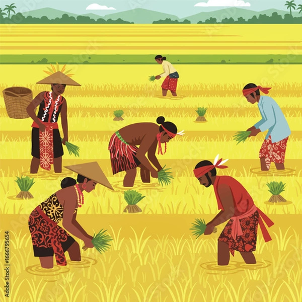 Fototapeta Joyful flat vector shows diverse Asian community members, including Dayak, Papuan, and Javanese, planting rice in traditional attire within a bright sunny field.
