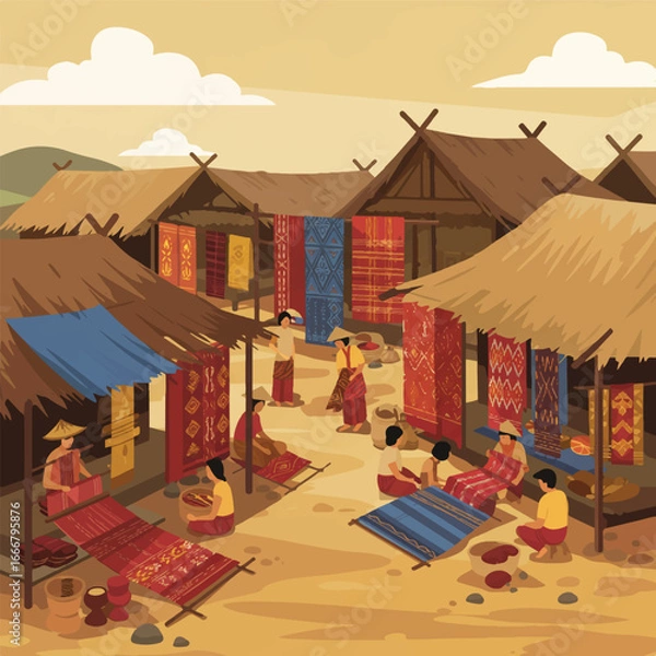 Fototapeta Sumba weavers collaboratively working in a bustling open-air market with colorful ikat fabrics hanging from layered stalls, a warm earth tone flat vector illustration.