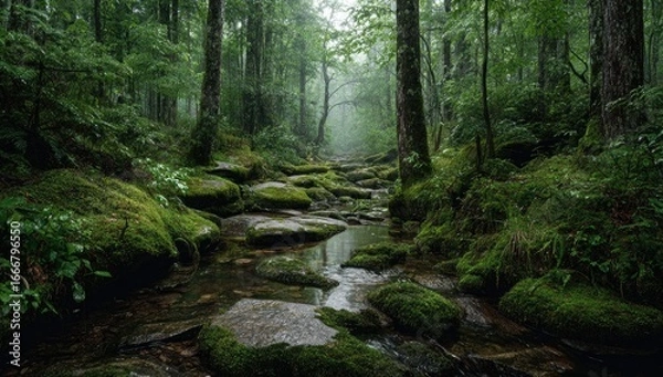 Obraz Misty forest stream. Lush, mossy rocks line a shallow stream running through a dense, green forest