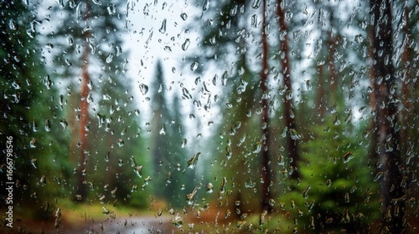 Fototapeta Raindrops on Window with Forest Background