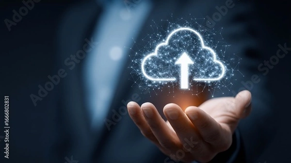 Fototapeta Businessman holding cloud upload icon, data transferring with blue background, for technology use