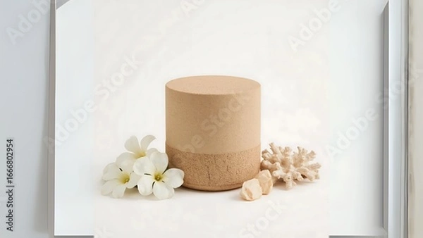 Obraz Minimalist Skincare Product Display with Ceramic Container and Natural Elements on Neutral Background