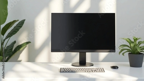 Fototapeta Minimalist Workspace with Black Monitor, White Desk, and Potted Plants in Sunlit Room