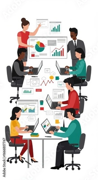 Fototapeta Diverse team collaborating on data analysis and presentation in the office