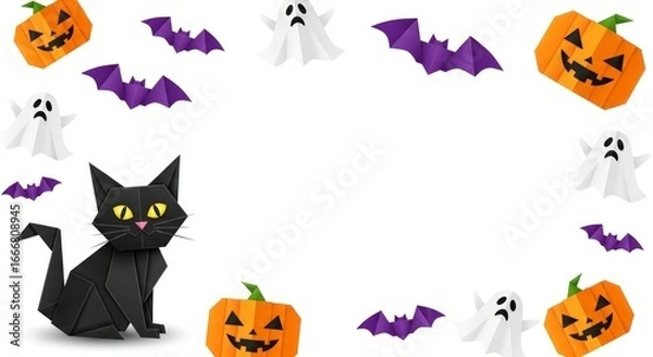 Obraz Angular Black Cat on a Spooky Halloween Border with Ghosts and Pumpkins.