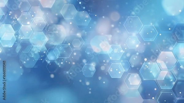 Fototapeta Blue pastel medical and tech background with hexagon pattern and bright sparkles. Realistic vector abstract bg with honeycomb geometric cell texture for medicine and science technology design