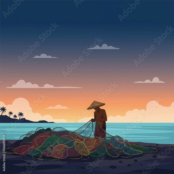 Obraz A traditional fisherman diligently repairs fishing nets at serene dawn on the picturesque Maluku coast, presented as a minimal flat vector illustration with soft gradients.