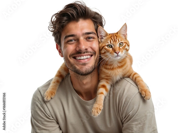 Fototapeta Smiling young man with cat isolated on transparent background