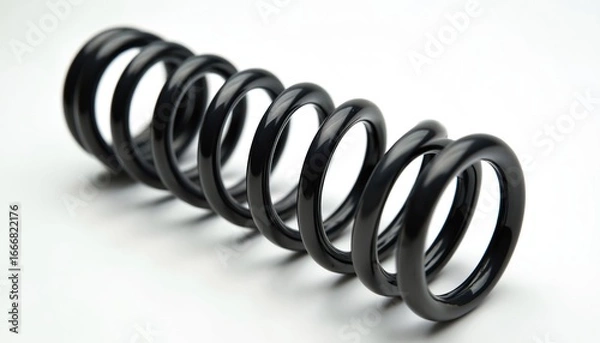 Obraz Black metal coil spring, automotive suspension component. Shiny, hard-wearing industrial part isolated on white background. Macro detail of a replacement or repair part for machinery and mechanics.
