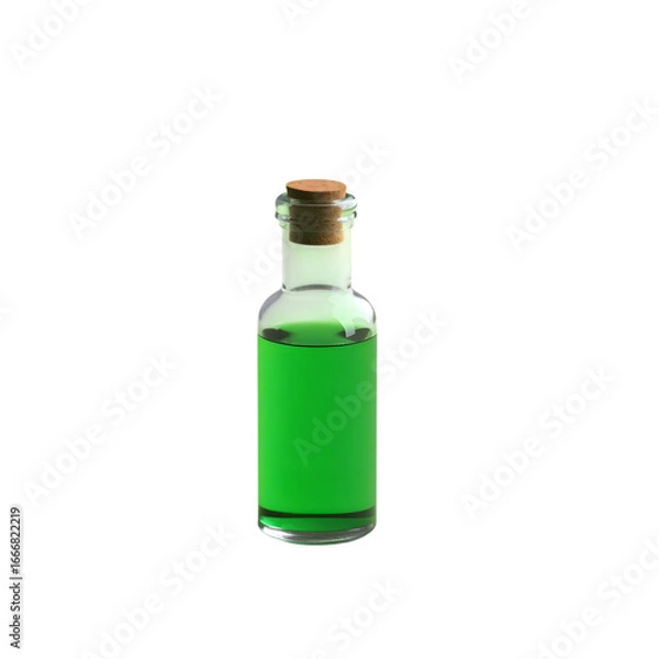 Fototapeta Small glass bottle with bright green liquid and cork isolated on transparent background