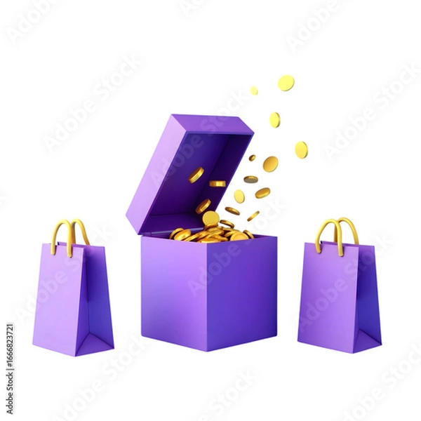 Fototapeta Purple treasure chest overflowing with gold coins and shopping bags isolated on transparent background