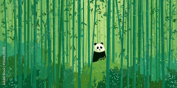 Fototapeta A cute, smiling panda bear peeking from behind a dense, stylized green bamboo forest.