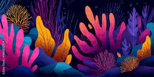 Fototapeta Vibrant illustration of a magical underwater coral reef with glowing pink and orange marine plants against a dark blue sea.