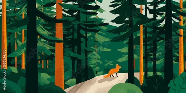 Fototapeta Vibrant graphic illustration of a dense pine forest with a solitary orange fox on a winding path.