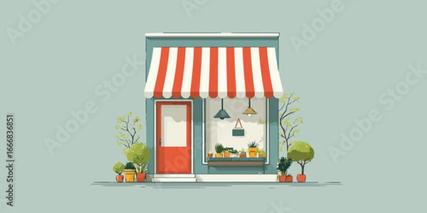 Fototapeta Charming illustrated storefront with a red and white striped awning, red door, and potted plants.