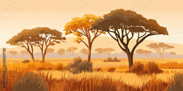Fototapeta Stylized African savanna landscape with flat-topped acacia trees and golden grass during a warm, hazy sunset.