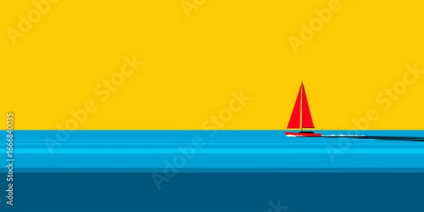 Fototapeta Vibrant red racing sailboat with a tall mainsail, depicted in a minimalist graphic style.