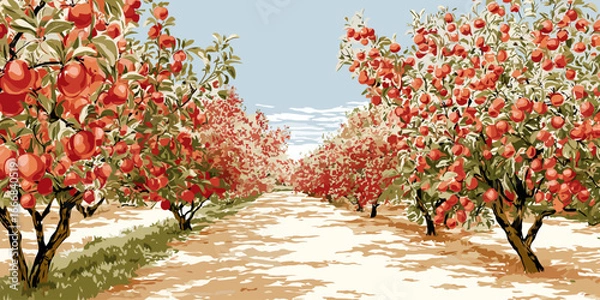 Fototapeta Vibrant, stylized illustration of a bountiful apple orchard with rows of fruit-laden trees.