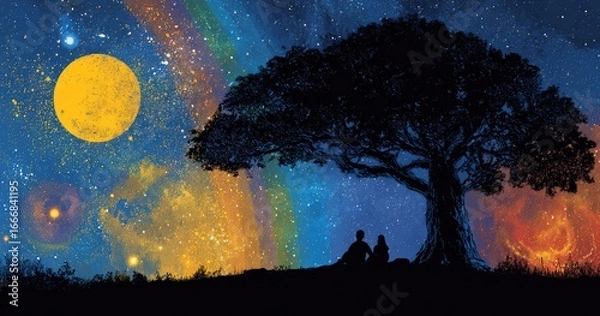 Obraz Couple under a tree at night