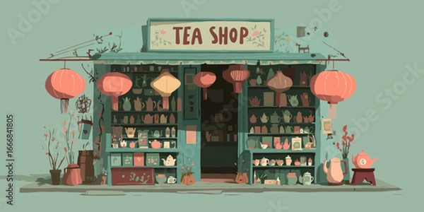 Fototapeta Charming illustrated Asian tea shop storefront with hanging paper lanterns and shelves of ceramic teapots.