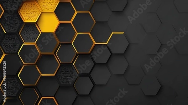 Fototapeta Dark abstract background with black and charcoal gradient and modern honeycomb hexagon pattern in vibrant yellow.
