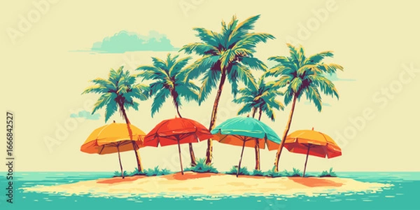 Fototapeta Vibrant illustration of a tropical island with palm trees and colorful beach umbrellas.