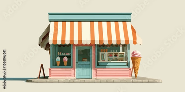 Fototapeta A charming pastel ice cream shop with a striped orange and white awning and a large cone prop.