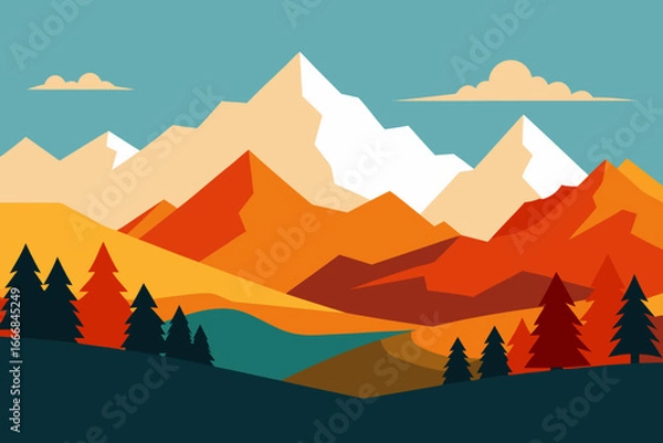 Fototapeta Geometric mountain landscape with trees and lake in autumn colors