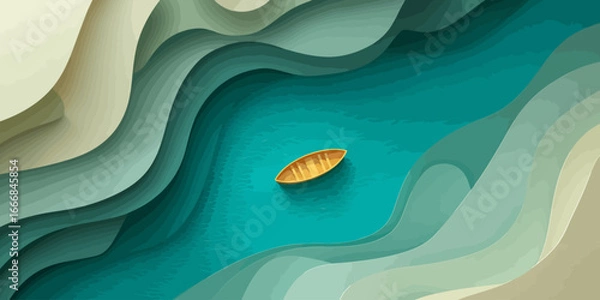 Fototapeta Top-down view of a lone yellow boat on a turquoise river in a stylized paper-cut canyon.
