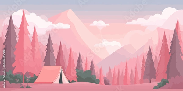 Fototapeta Peaceful camping tent in a stylized pink mountain forest landscape illustration.