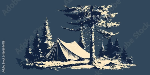 Fototapeta Stylized two-tone illustration of a canvas tent pitched in a dark pine forest.