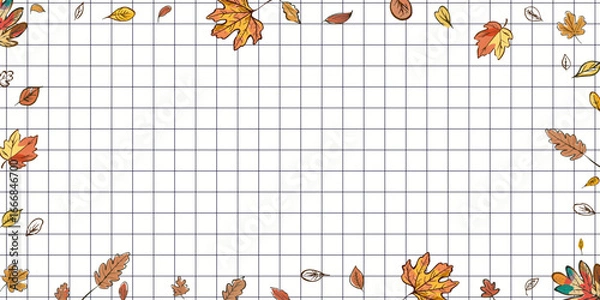 Fototapeta Autumn Leaves Border on Grid Paper Background
