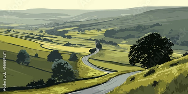 Fototapeta Stylized vector illustration of a winding road through a serene, green rural valley with rolling hills and trees.