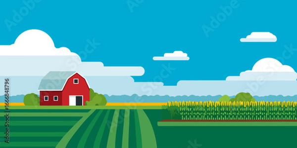 Fototapeta Vibrant flat design illustration of a rural farm landscape with a red barn, green fields, and a cornfield under a blue sky.