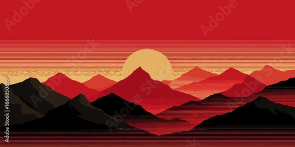 Fototapeta Layered mountain silhouette at sunset with a vibrant red sky and horizontal line texture.