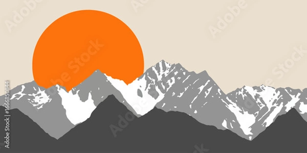 Fototapeta Modern graphic illustration of a serene mountain range with snow-capped peaks and a large orange sun.