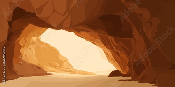 Fototapeta Warm-toned, stylized illustration of a rocky cave interior looking towards a bright, sunlit exit.