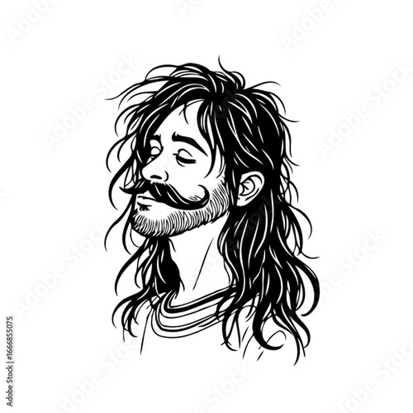 Fototapeta Monochrome artistic depiction of a thoughtful bearded man with long flowing hair and a mustache