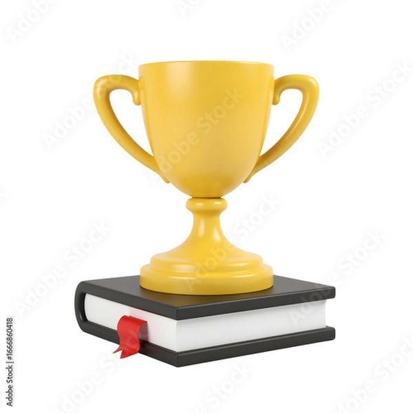 Fototapeta Gold winner trophy on book stack transparent background red bookmark academic concept