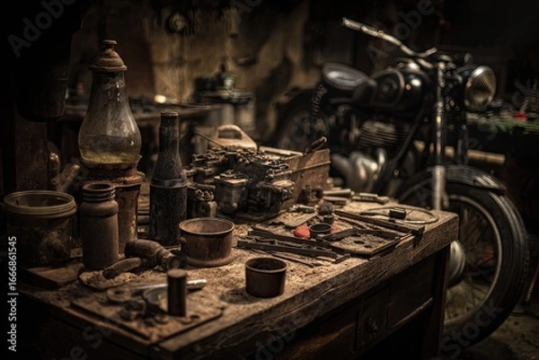Obraz Dusty workshop scene with motorcycle