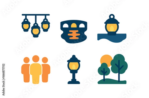 Fototapeta vector colorful filled icons evening lantern walk (river path): hanging lanterns reflection in water bridge crowd warm glow trees.