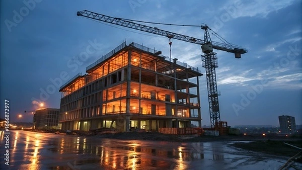 Fototapeta Construction site at dusk with crane and building under construction